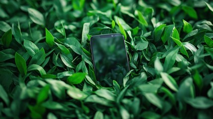 Fototapeta premium Smartphone half-buried in lush green grass symbolizes disconnect from technology