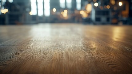 A close-up of smooth, lacquered wooden planks, assembly lines visible in the blur background, warm ambient lighting creating a cozy contrast in the factory setting, polished and elegant vibe