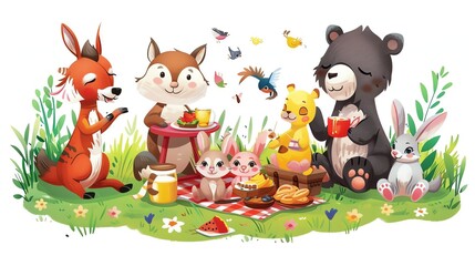 A cartoon illustration of animals having a picnic in a forest clearing.