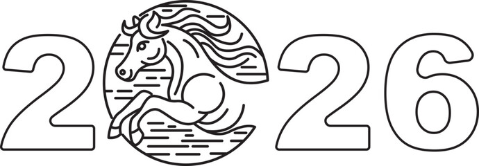 2026, year of Horse, line art , outline , simple linear
