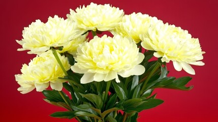Elegant Bouquet of Creamy Yellow Peonies Against Red Background