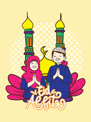 eid mubarak doodle with kids cartoon character