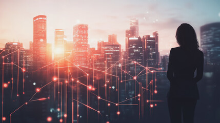 Fototapeta premium Abstract business woman stands on Smart digital Innovation city with connection network reciprocity over the twilight cityscape. of future wireless digital city and social media networking systems