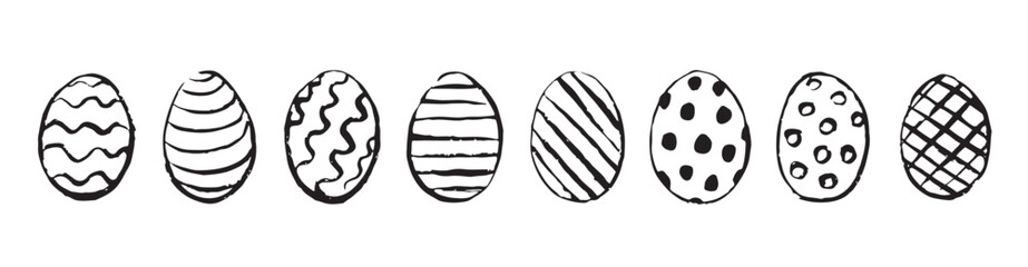 Easter eggs doodle ink set. Happy easter hand drawn eggs isolated on transparent background. Black and white scribble Easter egg icons.