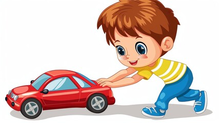 A cartoon boy is playing with a red toy car.