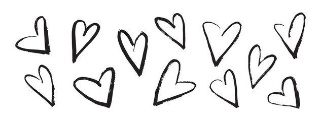 Hand drawn ink doodle hearts set. Simple hearts for valentine's day on transparent background