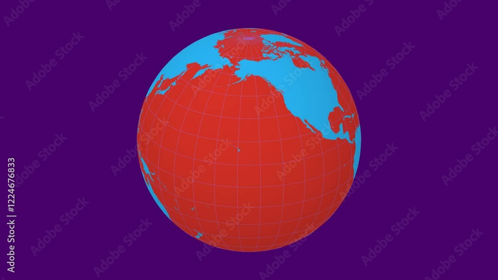 Poster spinning earth. slanted sphere view. slow speed earth rotation. solid color style. world map with sp