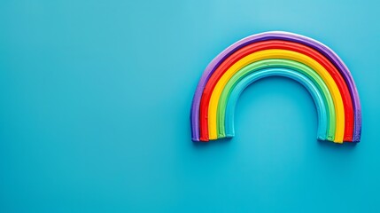 A rainbow made of playdough on a blue background.
