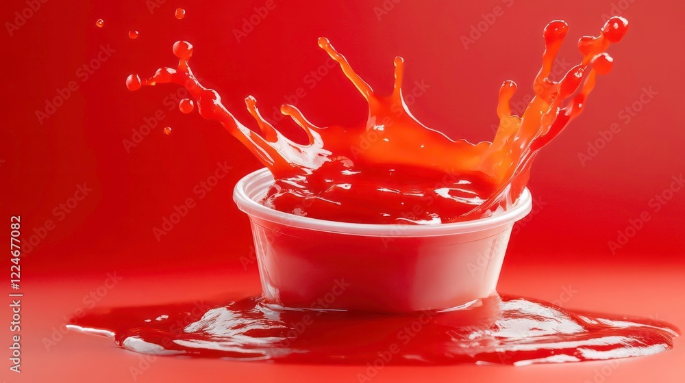 Aufkleber bright red dipping sauce splashing out of container, creating dynamic and vibrant scene. vivid color