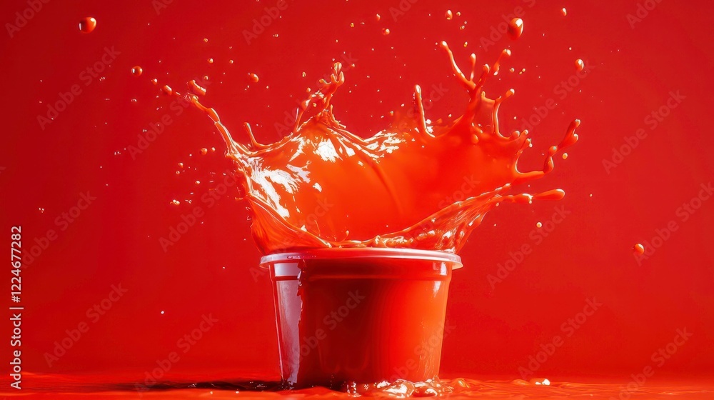 Poster bright red dipping sauce splashing out of container, creating dynamic and vibrant scene. vivid color