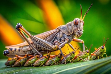 Fototapeta premium Grey Grasshopper and Young Locusts on Green Leaf - Close-Up Nature Photography