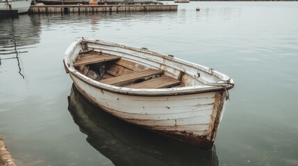 Old white rowboat floats gently on calm water near a harbor.