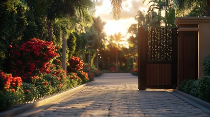 Obraz premium Charming Tropical Pathway Surrounded by Lush Green Palm Trees and Colorful Blooming Flowers Creating a Tranquil and Inviting Atmosphere Perfect for Relaxation and Nature Exploration