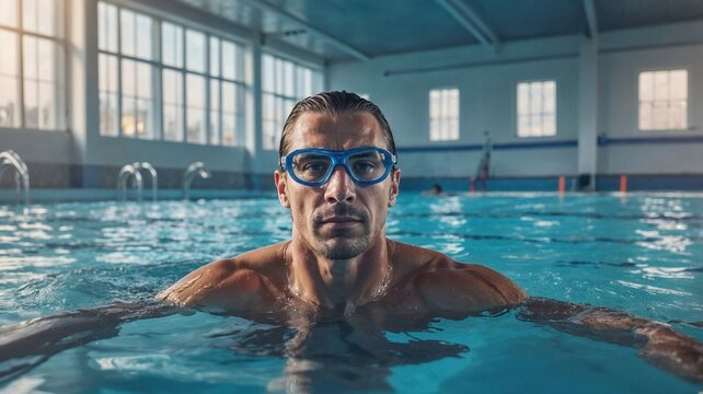 male swimmer with blue goggles stares ahead in an indoor swimming pool. His wet hair, muscular physique, and focused expression capture the intensity and dedication of an athlete
