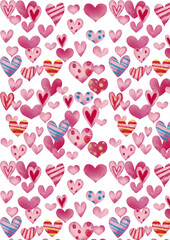 水彩風　ピンクな手描きハートパターン　縦