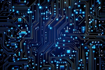 Abstract close-up of a glowing blue digital circuit board, showcasing intricate connections and technological design on a black background.
