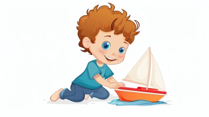 Fototapeta premium A cartoon boy playing with a toy sailboat.