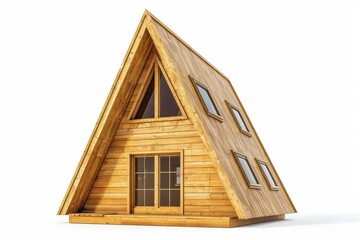 A charming wooden A-frame cabin with large windows nestled in a serene landscape under a bright...