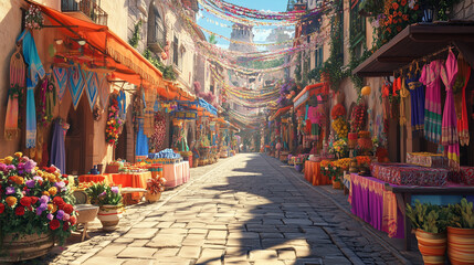 Naklejka premium Sunlit cobblestone market street lined with colorful textiles, pottery, and fresh flowers, capturing the lively charm and culture of a Mediterranean-style bazaar