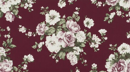 Elegant Burgundy Floral Fabric Design with White Roses
