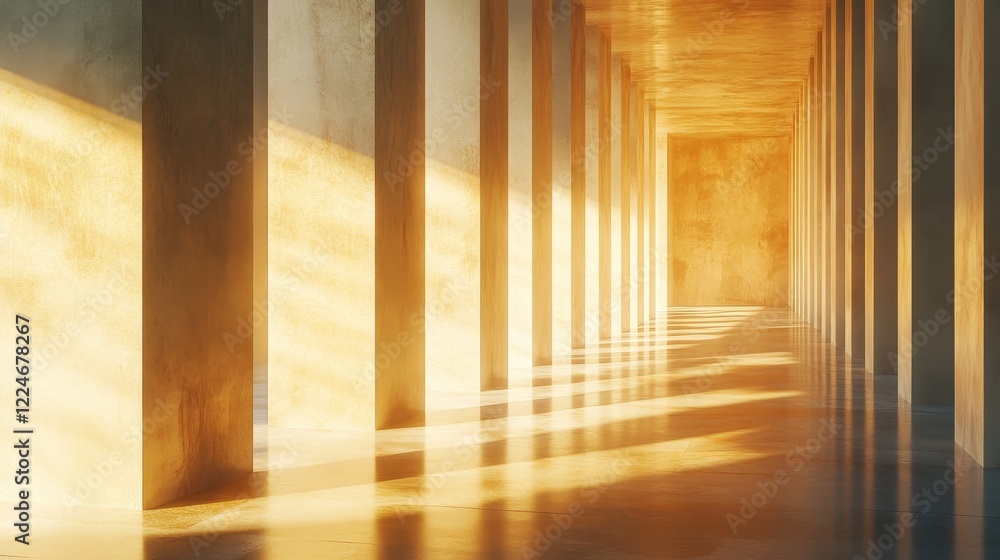 Aufkleber sunlit architectural corridor creating shadows on a sleek surface in a warm atmosphere