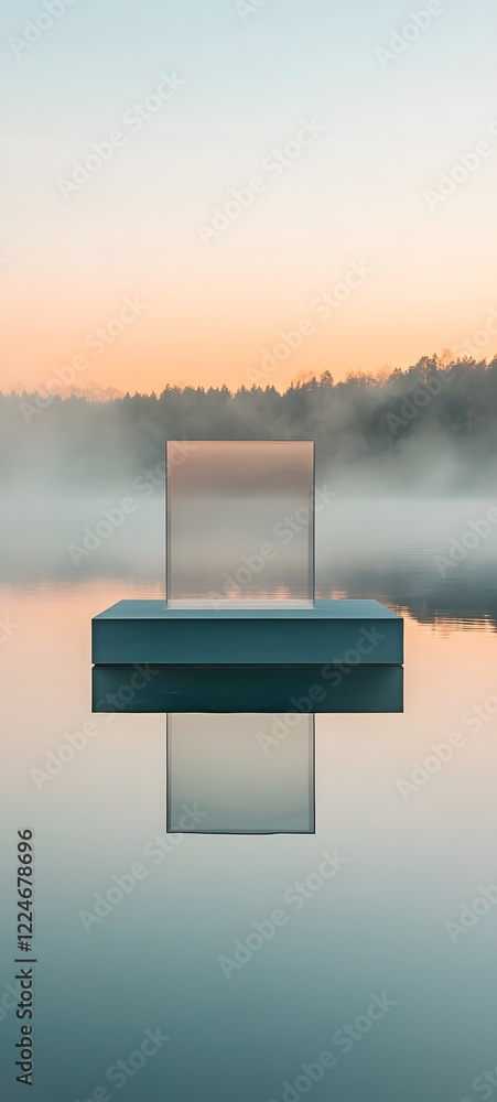 Poster a transparent podium floating above a tranquil lake, surrounded by mist and soft reflections from th
