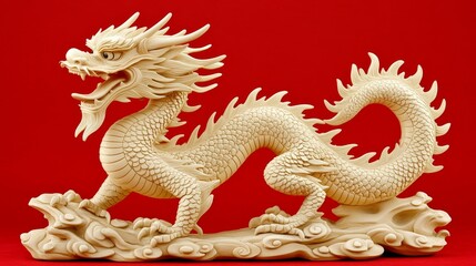 Obraz premium Elegant Carved Ivory Dragon Figurine on Red Background