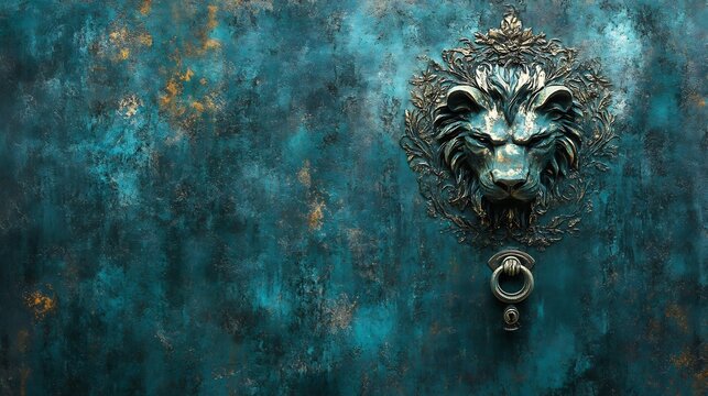 Majestic lion door knocker elegantly rests on teal textured background. AI Generated