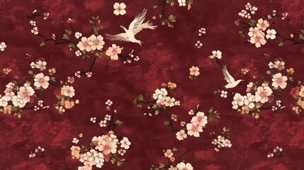 Elegant Cherry Blossom and Bird Seamless Pattern