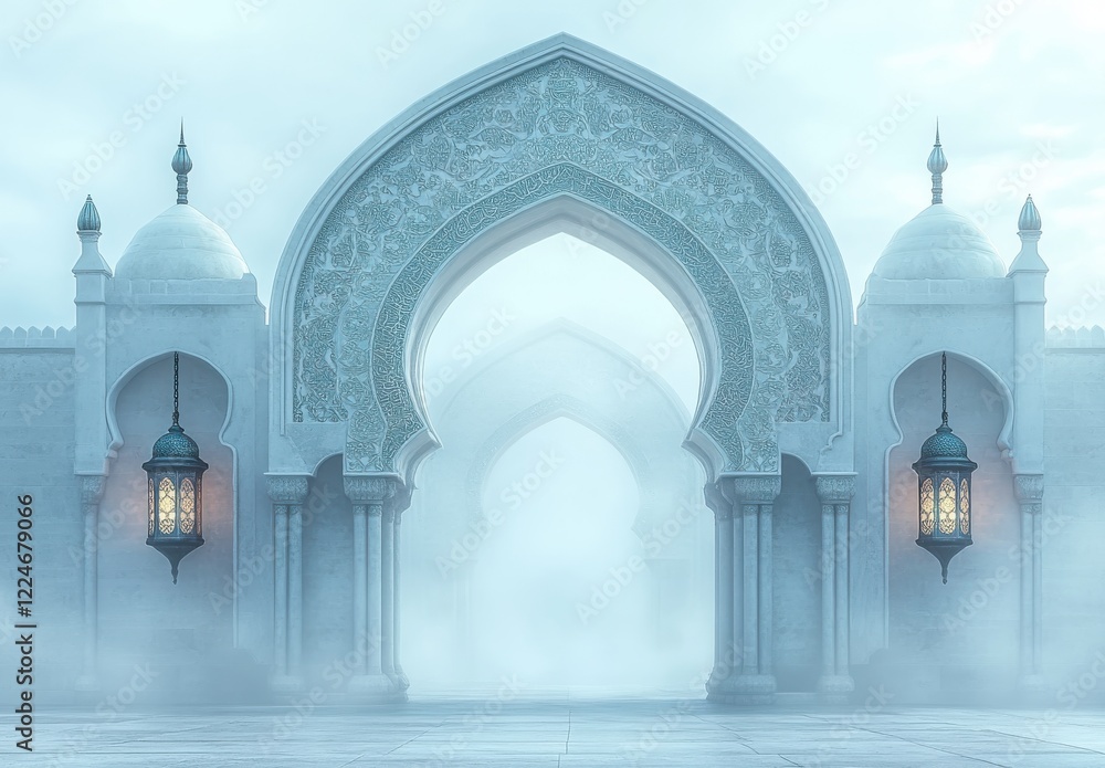 Poster ethereal architecture with lanterns and fog in mystical setting