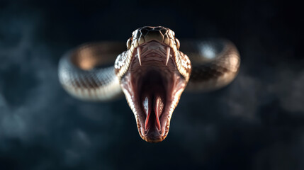 Fototapeta premium predator snake with mouth wide open, surrounded by mist, exuding fierce presence