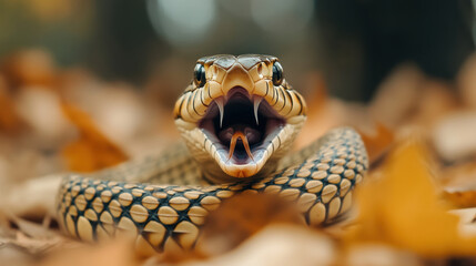 Fototapeta premium coiled snake in aggressive pose with its mouth open, surrounded by autumn leaves, showcases nature fierce beauty