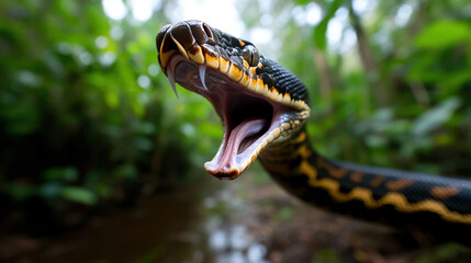Obraz premium large snake lunging forward with its mouth wide open, showcasing its fangs in lush green environment