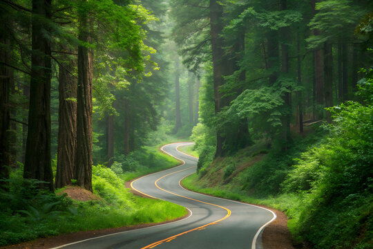 curvy road in natural green forest