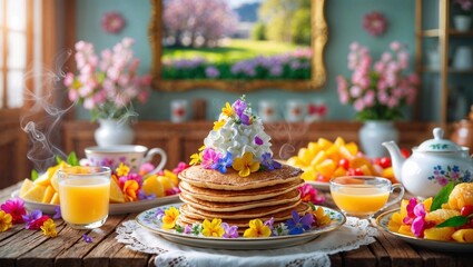 stack of golden pancakes topped with whipped cream and edible flowers sits on a rustic wooden table, surrounded by fresh fruit, tea, and steaming glasses of orange juice in a cozy morning setting