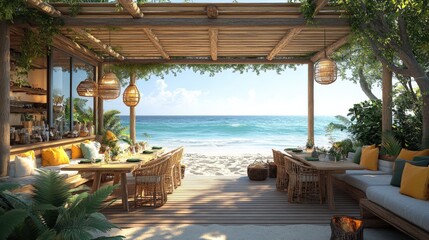 Sustainable beach cafe with wooden pergola and vibrant seaside decor