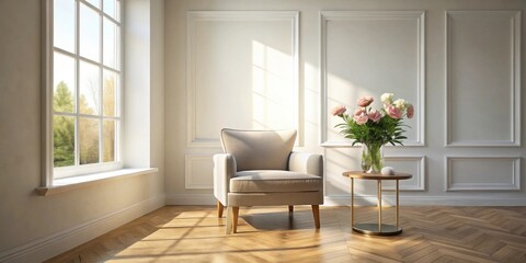 Fototapeta premium Serene Sunlight Illuminates Elegant Living Room with Upholstered Armchair and Flower Vase