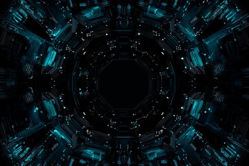 Abstract close-up of a glowing blue digital circuit board, showcasing intricate connections and technological design on a black background.
