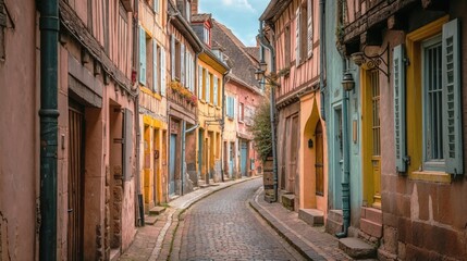 Fototapeta premium narrow cobblestone street winds through a picturesque European village, lined with colorful half-timbered houses with wooden shutters, historic facades, and a cozy, rustic atmosphere