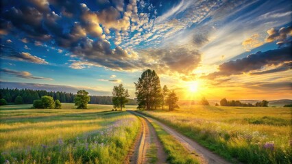 Obraz premium Golden Hour Serenity A Rustic Road Winds Through a Vibrant Meadow at Sunset