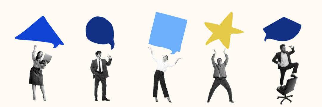 Business team interacting with speech bubbles in different shapes, representing collaboration and dynamic workplace interactions. Conceptual art collage. Concept of teamwork, communication, business
