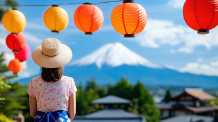 Fototapeta premium female traveler admires colorful Japanese lanterns with mountain backdrop
