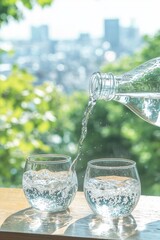 A macro close-up captures clean drinking water being poured from a jug into a round glass cup on a wooden table, surrounded by a light green napkin and set against a green outdoor nature background