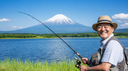 Happy man fishing by lake with Mount Fuji in background, enjoying nature