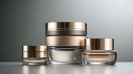 Elegant facial cream jars and serums arranged on a soft gray gradient background