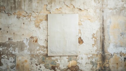 Blank sign affixed to a weathered wall with peeling paint and exposed brick