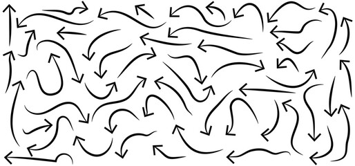 Hand-drawn Doodle arrows icon set or graphics collection. Pointer icons. Pointer graphic symbols. Sketch arrow design for business plan and education. Vector illustration.