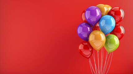 A cluster of colorful balloons on a red background.