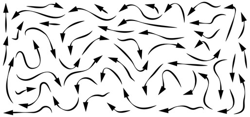 Hand-drawn Doodle arrows icon set or graphics collection. Pointer icons. Pointer graphic symbols. Sketch arrow design for business plan and education. Vector illustration.