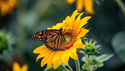 Naklejka premium Monarch butterfly pollinating sunflower in nature's garden close-up photography vibrant colors springtime beauty
